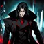 Placeholder: tall mysterious male vampire, red eyes, shoulder length hair, cyberpunk background, dark and intriguing, confident, intense, handsome, anime style, retroanime style