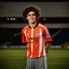 Placeholder: 85mm DSLR color photography of a very detailed headshot fitting all of head and hair in frame. 19-year-old Argentine soccer player, and with no facial hair and has no facial hair, has short and black hair with a small smile, grey background