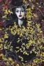 Placeholder: abstract creation of a beautiful woman with black curly hair, surrounded by black roses, thick metal chain broken, glass petals on the ground, autumn colours,dried out thorn bush, chaos,