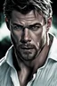 Placeholder: Portait young chris hemsworth as fantasy alpha werewolf in human form very muscular short cropped black hair and stubble on chin, tribal tattoos wearing white button up shirt with rolled up sleeves realistic face, close-up, dark fantasy, fantasy forest, intricate details, hyper detailed, photograph