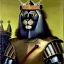 Placeholder: oil painting of a beautiful symmetrical cat with armor,wearing crown, Riding a black Lion, XV century, by El Bosco, Leonardo da Vinci, Goya 8k