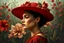 Placeholder: A bold and emotional portrait of a woman in profile wearing a wide red hat, in Frida Kahlo’s deeply symbolic and vibrant style. Surreal botanical background, intense expression, dramatic eyebrows, vivid reds, greens, and earth tones. Feminine strength and mystery. --v 7 --ar 2:3 --style raw --hd --q 2 --uplight --chaos 12
