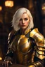 Placeholder: glowing yellow eyes, female paladin aasimar, platinum blonde bob hair, detailed ornamental armor, 8k, high detail,tavern background, facing viewer