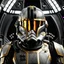 Placeholder: star wars bald male corellian pilot wearing gunmetal grey and black First Order special forces TIE pilot armored flightsuit and helmet with gold trim inside the jedi temple, centered head and shoulders portrait, hyperdetailed, dynamic lighting, hyperdetailed background, 8k resolution, volumetric lighting, light skin, fully symmetric details