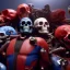 Placeholder: a picture of a dark, comedic, anatomically correct wall of red white and blue tightly packed stacked cyborg skulls of varying sizes and expressions, photo realistic, insanely meticulous, highly detailed, part of a collection of bones on display, 64k, dystopian, vray