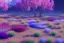 Placeholder: monde en fleurs bleu pink,blue lake, concept art, crépuscule , trees bleu pink violet oranger, vibrant Color, réaliste, crocus