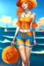 Placeholder: Full body of beautiful girl nami, Hair Color: Orange, Style: Wavy, Outfit Top: Blue, Outfit Bottom: Orange, Shoes: Brown, Accessories: Tangerine, Weapon: Clima-Tact, Hat: Straw, Tattoo: Pinwheel, Earrings: Hoops, sophisticated,, beautiful woman, hyper realistic, hyperrealism, photoreal, realistic, photorealistic, soft pastels, full-body, standing, long shot, wide angle, aesthetic