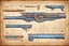 Placeholder: Hand drawn technical illustration , with detailed blueprints and engineering schematics of an antique matchlock pistol with highly detailed features, drawings, and technical notation, 8k, vibrant natural colors