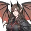 Placeholder: A headshot portrait of a bat demihuman which is a human with bat characteristics. woman with long brown hair, red eyes, large bat ears and bat wings, intricately detailed, cell shaded anime style