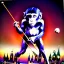 Placeholder: A monkey playing the drums, london skyline at night, in the style of Salvador Dali