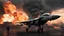 Placeholder: a destroyed jet fighter military with flames coming out of it, air station background, photorealism