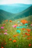 Placeholder: Old autochrome with bokeh patches, in the mountain,, wild delicate flowers in the wind, orange, pink, turquoise, red, in the sun, delicate, bokeh