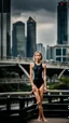 Placeholder: beautiful anorexic asian girl, total shot, shiny black triathlon swimsuit, short blond wavy bob hair, blurred city background