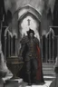 Placeholder: toomb of vampire Count Strahd Von Zarovich. Dark, gloomy, ebony coffin with brass. No people.