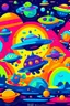 Placeholder: /imagine kids illustration space scene with monsters and flying saucers, cartoon style, thick lines, low detail, vivid color --ar 85:110