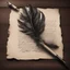 Placeholder: Hyper Realistic Note "Please follow & like my creations, tip any of them, can't tip you back because of me being a non pro user, Thank You so much" on a vintage paper with feather pen & ink-pot on a dark-wooden-table.