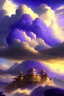 Placeholder: hills in the background, many mansions in the cloud and on the hills, majestic mansions, the sky is (((very cloudy))) and purple with the ((sun behind clouds)) bringing down (((golden sun rays from the clouds))) down, one big centered and derailed mansion, silver-gold-blue clouds, sharp, focused, enhanced, detailed, all houses and mansions are touched ((by golden sun ray)), digital painting, digital illustration, extreme detail, digital art, ultra hd, beautiful fantasy landscape, cosmic sky