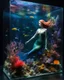 Placeholder: an beautiful mermaid swimming in glass box underwater aquarium on a display,glass flowers, high quality product image ,coral reef, flora and fauna, cosmic nebula, dark background christian dior style, with frozen flowers around her, stunning-design, beutifull, side profile artwork, glass paint, multicoloured, displayed, backlight