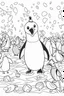 Placeholder: HAPPY NEW YEAR coloring page for kids, A cute penguin parade with confetti in a chilly Arctic scene, thick outline, low details, no shading, no color