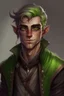 Placeholder: Young male wood elf, rogue, light brown skin, bright green eyes, mauve hair, black leather, mischievous