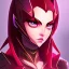 Placeholder: crystal blue eyes, and dark pink hair, teardrop shaped eyebrows, woman, angry expression, pointy ears