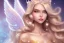 Placeholder: smiling, beautiful, soft,smiling, straight and long blonde hair, dewy and shiny atmosphere, diamond crown, long fairy wings in the back, full head, curly hair, golden veil clothes, bacground pink and blue