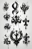 Placeholder: A flash of 10 drawings modern realism with some ink splashes ideas and original designs of fleur-de-lis symbol. Black in on white background