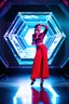 Placeholder: stage inside of a 3d crystal hexagon lovely light reflections ,full body shot of very beautiful lady skirt and bluse , Braided hair ,dancing in stage in the crystal cube pretty makeup,full cube shot