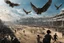 Placeholder: View of Elysium with winged females flying over people running away in fear
