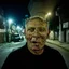 Placeholder: very grainy discolored photo, portrait, dark night street, grunge, 2000s Russia, punk, outcast, rough, confident, older male, extremely pale skin, flesh bulbs grow out of his face, face is disproportionally deformed, hunchback, sewer dweller