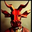 Placeholder: man, red rhino head, one man band, steampunk, midjourney style, neon