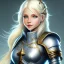 Placeholder: D&D character, female, cleric, platinum blonde hair, gold eyes, smile, teal armor