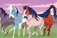 Placeholder: illustration fantasy horses of different colors in a field from afar