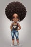 Placeholder: Create a whimsical chibi image of a black female with shoulder length tightly curl afro, black silky and brown eyes. Long eye lashes wearing a torn jeans and tank top with diamond studded "pretty" on the front, sandals , plus size body style. Diamond studded glasses and hoop earrings forward facing, 2k, white background