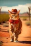 Placeholder: gato de colorado, caminando, vestido de cowboy, dentro de el lejano oeste. estilo caricatura, con un arma de fuego