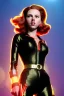 Placeholder: retro portrait image from 1960, explosion background, long red hair, young Scarlett Johansson, classic black tight lycra suit, metal stick weapon, gold bracelet and belt, high heel boots, soft color, highly detailed, unreal engine 5, ray tracing, RTX, lumen lighting, ultra detail, volumetric lighting, 3d, finely drawn, high definition, high resolution.