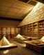 Placeholder: An ivory library with sunlight and pyramids designed in ancient Egyptian pottery painted by Frank Lloyd Wright
