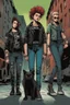 Placeholder: Design a detective book cover for teenagers. Three 15-year-old teenage detectives and a black cat in the centre, one boy on her left, the girl in the centre and one on her right are on the town street. Punk with a mohawk in the distance. Banksy style, modern comic book style, mysterious atmosphere, modern clothes, streetwear, street look, Polish style, highly detailed, green eyes, brown eyes, ginger hair, brown hair, blonde hair,