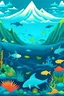 Placeholder: Vista del fondo del mar, con volcanes e erupcion, peces de diferentes colores, tiburones, corales, estrellas y caballitos de mar, el agua en diferentes tonos de azules y verdes