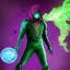 Placeholder: Kevin Bacon as Mysterio, Marvel, Green mist, dead spider man, MCU Multiverse, Zombie Avengers, Purple Background, Green clouds, Wearing helmet, Mist in helmet, Evil Dead Cabin, Necronomicon Book,