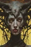 Placeholder: Strange eerie female demon portrait, oil painting, Caravaggio , Denis Sarazhin, Alejandro Burdisio, Romain Trystram, RAW, gritty atmospheres, sinister surrealism, dark pop surrealism, neon techno-gothic punk, analog horror CRT, scan lines, chiaroscuro