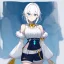 Placeholder: Clear focus, High resolution, rough line sketch art, short fluffy white hair, hair between eyes, fluffy hair, blue eyes, wearing a sleeveless shirt, wearing shorts, detailed outfit, lots of details, bow on belt, white belt, white and blue everywhere on outfit, cut sleeve, yellow chains around outfit