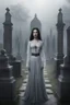 Placeholder: photorealistic slim woman looking like Drusilla in a cemetary with mist and crypts