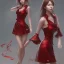 Placeholder: Japonesa hitomi Tanaka sozinha, vestido vermelho, rosto muito detalhado, rosto realista, corpo inteiro, realista, efeito névoa, particulas