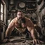 Placeholder: full figure shot photography, ugly turkish chubby plumber repairs boiler, burly, shirtless, hairy allover, manly chest, muscular big beefy 40 years old, dressed in boxer, big thighs, seen from below, frontal view, ambient occlusion, side light