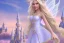 Placeholder: castle in background, beautiful, soft, big smiling, straight and long blonde hair, blues eyes, dewy and shiny atmosphere, diamond crown, long fairy wings in the back, full head, pink veil clothes