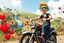 Placeholder: 3D video game characters, a short blonde haired man wearing eyeglasses, t-shirts and jeans riding a motorcycle in tuscany hills, hearts, waterfall, happiness