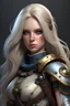 Placeholder: busty platinum blonde sister of battle from Warhammer 40k with blue eyes, long hair, very freckled face, no blush. she's holding a rifle. realistic looking. full body portrait.