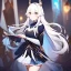 Placeholder: Clear focus, High resolution, Rough line, cute, cartoon style, white long hair, spiky hair, wearing a Honkai Impact Star Rail outfit, wearing a skirt