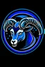 Placeholder: it is logo like a ram in black and blue color, with lightning bolts instead of antlers